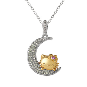 Hello Kitty Two-Tone Gold Plated Over The Moon Necklace (Pink & White Sapphire) Jewelry JACMEL JEWELRY INC